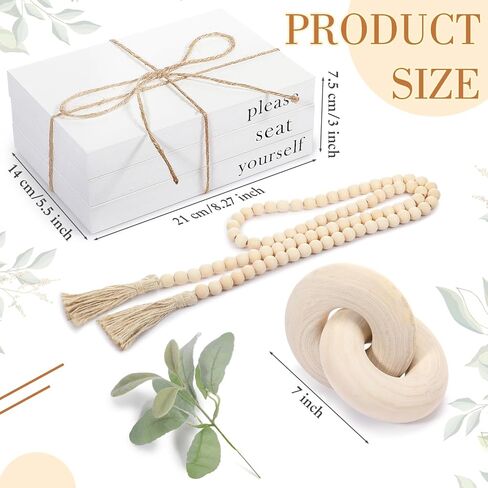 سوزدل كتب ديكور من الخشب الابيض بتصميم ريفي لديكور طاولة القهوة مع اكليل خرز خشبي مع شراشيب وجذع اذن وعقدة خشبية لتزيين رف المنزل in Kuwait