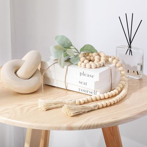 سوزدل كتب ديكور من الخشب الابيض بتصميم ريفي لديكور طاولة القهوة مع اكليل خرز خشبي مع شراشيب وجذع اذن وعقدة خشبية لتزيين رف المنزل in Kuwait