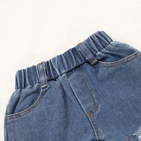 طقم عصابات رأس أزرق مكشكش قصير الأكمام + ملابس طفلة جينز ممزق in Kuwait