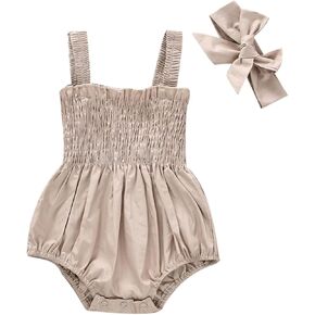 MERSARIPHY Newborn Baby Girl Summer Clothes Cotton Linen Bodysuit Romper Floral Pleated Tops with Headband