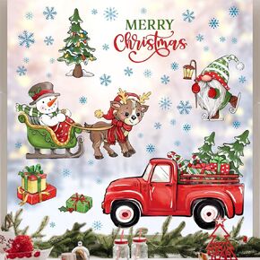 Mfault 158 PCS Merry Christmas Window Clings 4 Sheets, Snowman Gnome Farmhouse Red Truck Xmas Tree Stickers Decal Decorations, Winter Snowflake Deer Sleigh Living Room Home Kitchen Decor Holiday Gift in Saudi Arabia