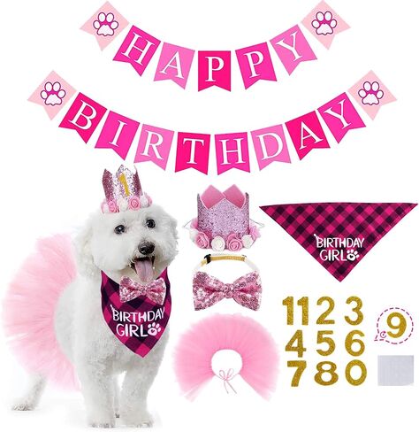 STMK Dog Birthday Outfit Girl, Dog Birthday Bandana Girl Tutu Skirt Birthday Number Crown Hat Bowtie Happy Birthday Banner for Pet Puppy Dog Birthday Party Supplies (Pink) in Saudi Arabia