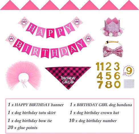 STMK Dog Birthday Outfit Girl, Dog Birthday Bandana Girl Tutu Skirt Birthday Number Crown Hat Bowtie Happy Birthday Banner for Pet Puppy Dog Birthday Party Supplies (Pink) in Saudi Arabia