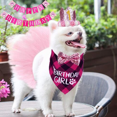 STMK Dog Birthday Outfit Girl, Dog Birthday Bandana Girl Tutu Skirt Birthday Number Crown Hat Bowtie Happy Birthday Banner for Pet Puppy Dog Birthday Party Supplies (Pink) in Saudi Arabia