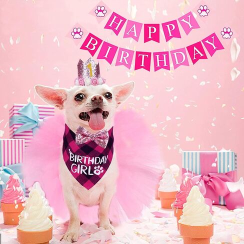 STMK Dog Birthday Outfit Girl, Dog Birthday Bandana Girl Tutu Skirt Birthday Number Crown Hat Bowtie Happy Birthday Banner for Pet Puppy Dog Birthday Party Supplies (Pink) in Saudi Arabia