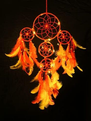 Rooh Dream Catcher ~ Yellow Orange 4 tier Wall Hanging with Pretty Lights ~ Handmade Hangings for Positivity Used for Wall Hanging, Decor, Balcony, Decor, Gift, Car, Wind Chimes, Room Windchime in Kuwait