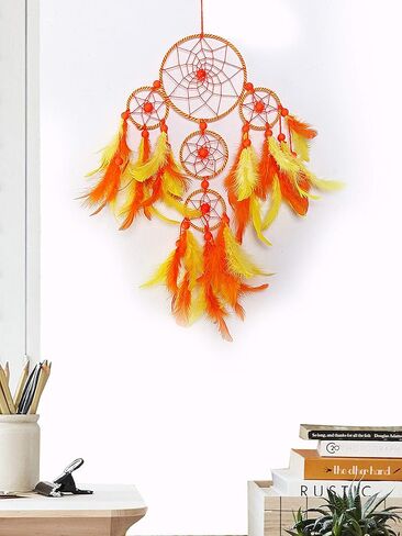 Rooh Dream Catcher ~ Yellow Orange 4 tier Wall Hanging with Pretty Lights ~ Handmade Hangings for Positivity Used for Wall Hanging, Decor, Balcony, Decor, Gift, Car, Wind Chimes, Room Windchime in Kuwait
