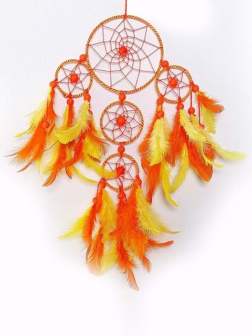 Rooh Dream Catcher ~ Yellow Orange 4 tier Wall Hanging with Pretty Lights ~ Handmade Hangings for Positivity Used for Wall Hanging, Decor, Balcony, Decor, Gift, Car, Wind Chimes, Room Windchime in Kuwait