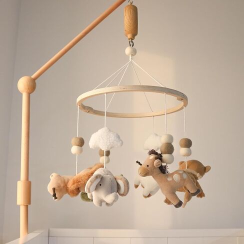 The Peanutshell Safari Crib Mobile for Boys or Girls, Wooden Musical Baby Mobiles with 12 Lullabies, Elephant, Giraffe, Zebra, Monkey, Jungle Animal Nursery Decor in Saudi Arabia