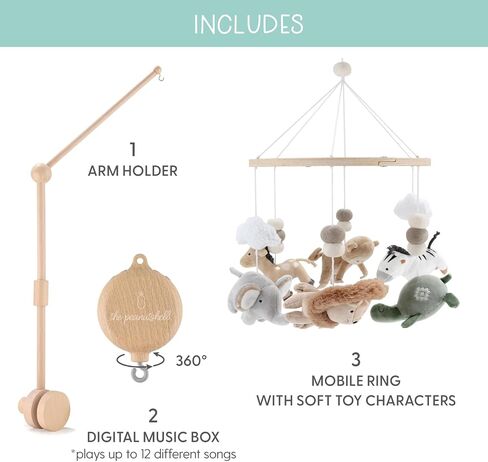The Peanutshell Safari Crib Mobile for Boys or Girls, Wooden Musical Baby Mobiles with 12 Lullabies, Elephant, Giraffe, Zebra, Monkey, Jungle Animal Nursery Decor in Saudi Arabia