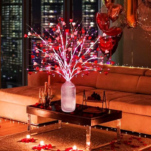 Agusbagli 3PCS Valentines Day Decor 30in Lighted Valentine’s Day Picks with 60LED Pink Lights Artificial Red Heart Berry Flower Stems Timer Battery Operated Valentines Day Decorations for Home in Kuwait