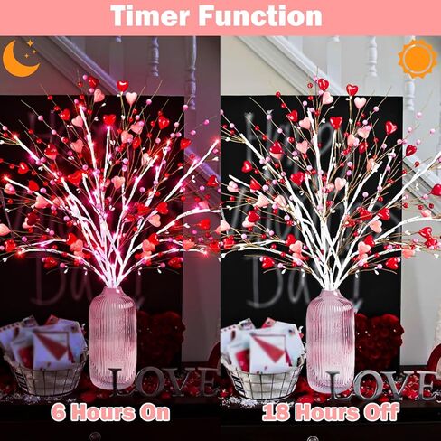 Agusbagli 3PCS Valentines Day Decor 30in Lighted Valentine’s Day Picks with 60LED Pink Lights Artificial Red Heart Berry Flower Stems Timer Battery Operated Valentines Day Decorations for Home in Kuwait