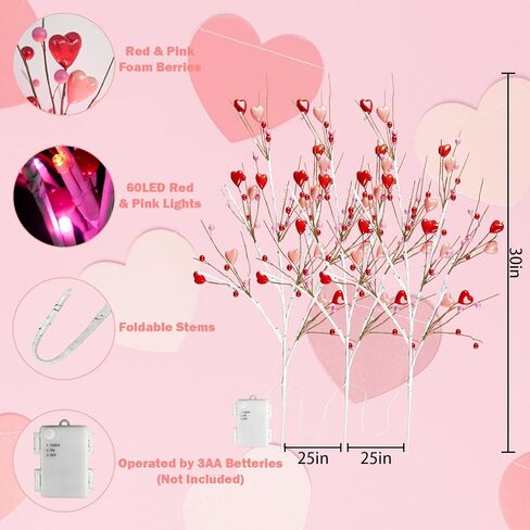 Agusbagli 3PCS Valentines Day Decor 30in Lighted Valentine’s Day Picks with 60LED Pink Lights Artificial Red Heart Berry Flower Stems Timer Battery Operated Valentines Day Decorations for Home in Kuwait