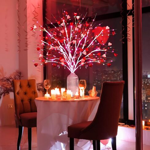 Agusbagli 3PCS Valentines Day Decor 30in Lighted Valentine’s Day Picks with 60LED Pink Lights Artificial Red Heart Berry Flower Stems Timer Battery Operated Valentines Day Decorations for Home in Kuwait