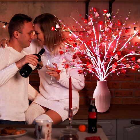 Agusbagli 3PCS Valentines Day Decor 30in Lighted Valentine’s Day Picks with 60LED Pink Lights Artificial Red Heart Berry Flower Stems Timer Battery Operated Valentines Day Decorations for Home in Kuwait