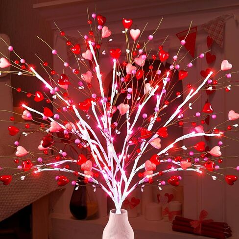 Agusbagli 3PCS Valentines Day Decor 30in Lighted Valentine’s Day Picks with 60LED Pink Lights Artificial Red Heart Berry Flower Stems Timer Battery Operated Valentines Day Decorations for Home in Kuwait