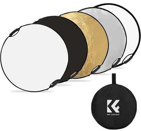 عاكس ضوء مفهوم K&F مقاس 32 بوصة (80 سم) ناشر تصوير فوتوغرافي 5 في 1 قابل للطي ومحمول مع مقابض للاستوديو والإضاءة الخارجية ذهبي وفضي وأبيض وأسود شفاف in Kuwait
