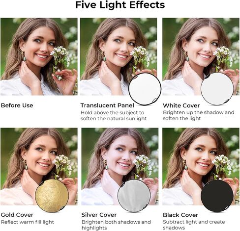 عاكس ضوء مفهوم K&F مقاس 32 بوصة (80 سم) ناشر تصوير فوتوغرافي 5 في 1 قابل للطي ومحمول مع مقابض للاستوديو والإضاءة الخارجية ذهبي وفضي وأبيض وأسود شفاف in Kuwait