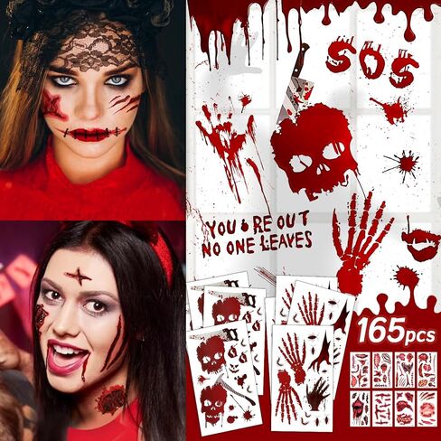 165Pcs Halloween Decorations,10Sheets Halloween Blood Handprints Footprint Blood Stains Window Stickers Wall Sticker Floor Sticker,30Pcs Tattoo Sticker Face Sticker Waterproof Blood Mark Wound Sticker in Kuwait