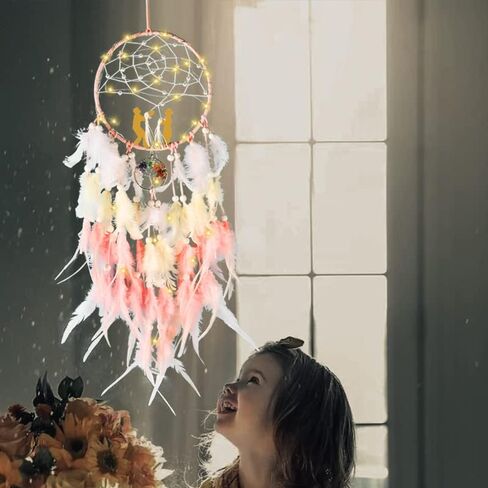 Opohaome Dream Catchers Lovers Dream Catchers للأولاد صائد أحلام كبير للفتيات على الحائط معلق شجرة الحياة لتزيين الحائط مع ضوء LED مصنوع يدويًا من الريش صائد الأحلام هدايا نعمة أمريكية أصلية in Kuwait