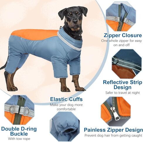 معطف للكلاب من OUOBOB، معطف شتوي للكلاب بأربعة أرجل، سترة صوف دافئة للكلاب، بدلة جسم مضادة للماء، معاطف للكلاب مع حزام مدمج، بدلة ثلج عاكسة لكامل الجسم للكلاب المتوسطة والكبيرة باللون الأزرق 3XL in Kuwait