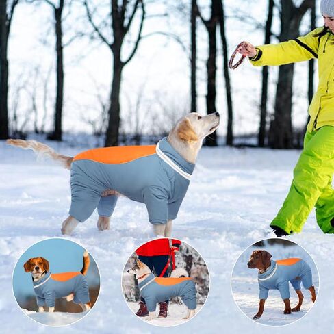 معطف للكلاب من OUOBOB، معطف شتوي للكلاب بأربعة أرجل، سترة صوف دافئة للكلاب، بدلة جسم مضادة للماء، معاطف للكلاب مع حزام مدمج، بدلة ثلج عاكسة لكامل الجسم للكلاب المتوسطة والكبيرة باللون الأزرق 3XL in Kuwait