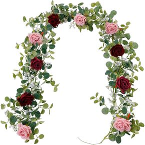 Anna's Whimsy 5.91FT Artificial Eucalyptus Garland with Flowers, Fake Rose Gypsophila Garland, Faux Floral Garland Greenery Garland for Wedding Spring Home Party Craft Art Table Runner Decor
