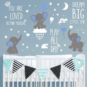 ملصقات حائط على شكل فيل كبير من Dream Big Little One ملصقات جدارية لغرفة الأطفال على شكل قمر منطاد الهواء الساخن ونجوم رمادية ملصقات جدارية لغرفة الأطفال وغرفة المعيشة وغرفة النوم وديكور المنزل (نمط لطيف) in Kuwait