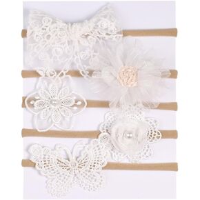 EEBON White Chiffon Flowers Nylon Headbands for Baby Girls Infant Newborn,Lace Fabric Hair Bows,Toddler Stretchy Elastics Hair Bands - Set of 5 in Kuwait