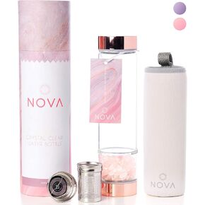 Rose Gold Crystal Elixir Infused Clear Motivational Gem Water Bottle + Protective Sleeve + Tea Infuser + Removable Crystals Healing Stones | Witchcraft Supplies - 15oz
