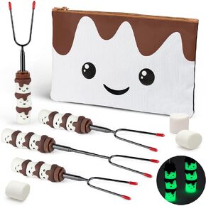 شركة S'mores - أعواد تحميص المارشميلو المتوهجة في الظلام - مجموعة من 4 أعواد سمورز دوارة - أعواد مارشميلو طويلة للغاية لحفرة النار ونيران المخيمات والنار - ملحقات التخييم
