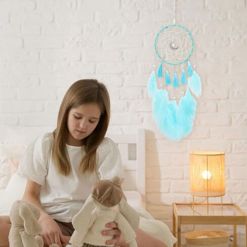 جميل جولي شرابة صغيرة حلم الماسك جدار ديكور لغرفة النوم اليدوية الريش الأزرق Dreamcatcher الجدار شنقا مع قلادة القمر زخرفة الفتيات Dreamcatchers ديكور المنزل الحرفية نعمة هدية -21.7" in Kuwait