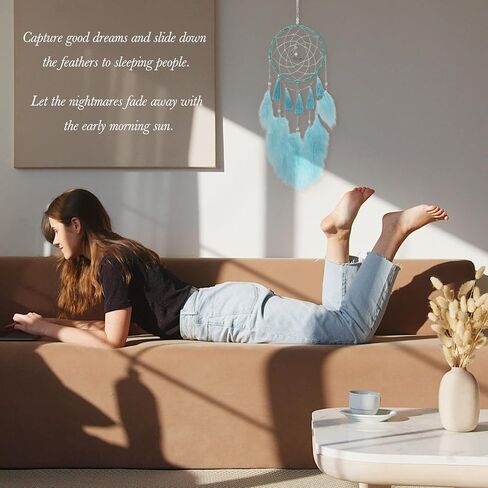 جميل جولي شرابة صغيرة حلم الماسك جدار ديكور لغرفة النوم اليدوية الريش الأزرق Dreamcatcher الجدار شنقا مع قلادة القمر زخرفة الفتيات Dreamcatchers ديكور المنزل الحرفية نعمة هدية -21.7" in Kuwait