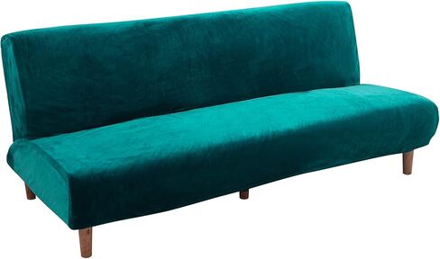 Armless Sofa Bed Cover Futon Slipcover Velvet Stretch Spandex Folding Sofa Couch Non-Armrest Furniture Protector (Velvet Bright Teal) in Saudi Arabia