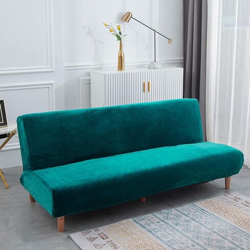 Armless Sofa Bed Cover Futon Slipcover Velvet Stretch Spandex Folding Sofa Couch Non-Armrest Furniture Protector (Velvet Bright Teal) in Saudi Arabia