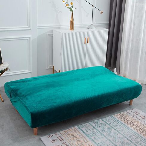 Armless Sofa Bed Cover Futon Slipcover Velvet Stretch Spandex Folding Sofa Couch Non-Armrest Furniture Protector (Velvet Bright Teal) in Saudi Arabia