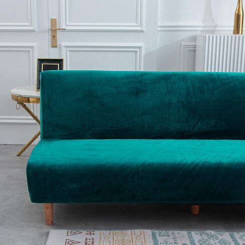 Armless Sofa Bed Cover Futon Slipcover Velvet Stretch Spandex Folding Sofa Couch Non-Armrest Furniture Protector (Velvet Bright Teal) in Saudi Arabia