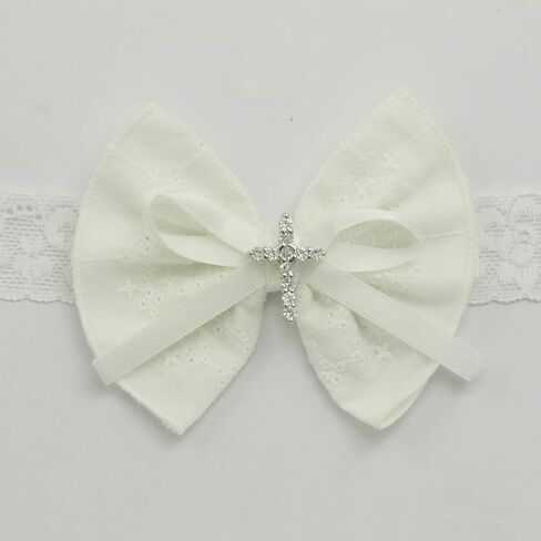 Nihao Baby White Cotton Lace and Satin Bow Baptism Headband with Cross (6 months-2 years old) | Satin Bow with Cross in Kuwait