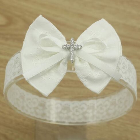 Nihao Baby White Cotton Lace and Satin Bow Baptism Headband with Cross (6 months-2 years old) | Satin Bow with Cross in Kuwait