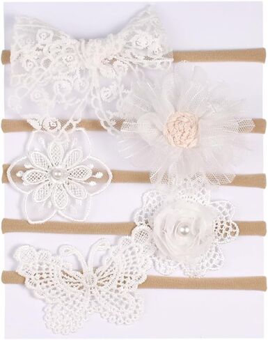 EEBON White Chiffon Flowers Nylon Headbands for Baby Girls Infant Newborn,Lace Fabric Hair Bows,Toddler Stretchy Elastics Hair Bands - Set of 5 in Kuwait
