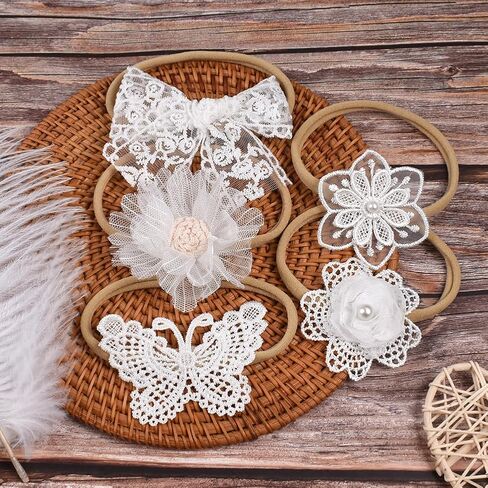 EEBON White Chiffon Flowers Nylon Headbands for Baby Girls Infant Newborn,Lace Fabric Hair Bows,Toddler Stretchy Elastics Hair Bands - Set of 5 in Kuwait