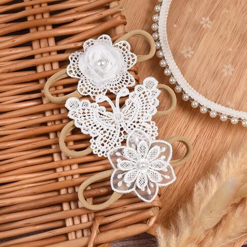 EEBON White Chiffon Flowers Nylon Headbands for Baby Girls Infant Newborn,Lace Fabric Hair Bows,Toddler Stretchy Elastics Hair Bands - Set of 5 in Kuwait