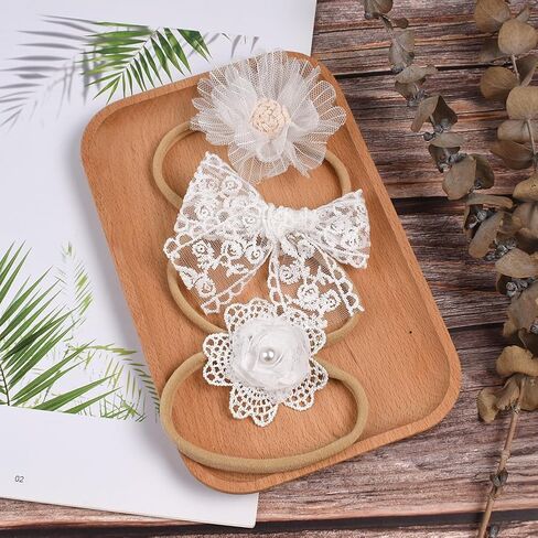 EEBON White Chiffon Flowers Nylon Headbands for Baby Girls Infant Newborn,Lace Fabric Hair Bows,Toddler Stretchy Elastics Hair Bands - Set of 5 in Kuwait