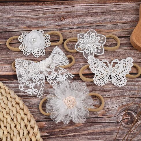 EEBON White Chiffon Flowers Nylon Headbands for Baby Girls Infant Newborn,Lace Fabric Hair Bows,Toddler Stretchy Elastics Hair Bands - Set of 5 in Kuwait