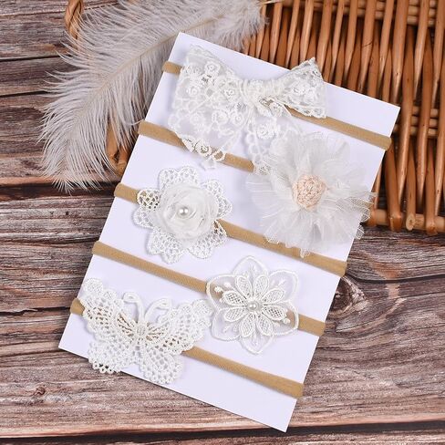 EEBON White Chiffon Flowers Nylon Headbands for Baby Girls Infant Newborn,Lace Fabric Hair Bows,Toddler Stretchy Elastics Hair Bands - Set of 5 in Kuwait