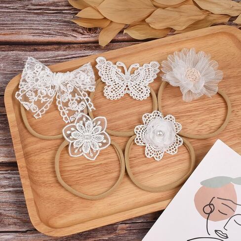 EEBON White Chiffon Flowers Nylon Headbands for Baby Girls Infant Newborn,Lace Fabric Hair Bows,Toddler Stretchy Elastics Hair Bands - Set of 5 in Kuwait