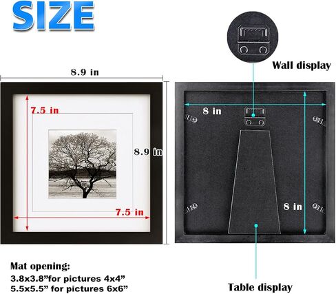إطارات صور Egofine مقاس 8x8 4 قطع - مصنوعة من الخشب الصلب مغطاة بشاشة زجاج شبكي مقاس 4x4/6x6 مع حصيرة أو 8x8 بدون حصيرة، لعرض سطح الطاولة وإطار صورة مثبت على الحائط باللون الأسود in Kuwait