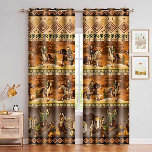 MIZSYE ستائر رعاة البقر الغربية البرية الغرب روديو براون ستائر التعتيم خمر الأحذية بندقية رعاة البقر قبعة نافذة العلاجات للأطفال الأطفال غرفة نوم الحضانة غرفة المعيشة 2 لوحات 42x84 بوصة CLDJMS0014 in Kuwait