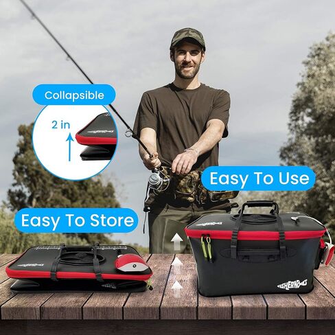 دلو صيد قابل للطي مع مضخة هواء من FISHERNOMICS - دلو الطعم الحي مع مهوية (6 جالون/10 جالون) - مقاوم للتسرب مع جيب جانبي وحزام كتف | متينة للغاية وقوية in Kuwait