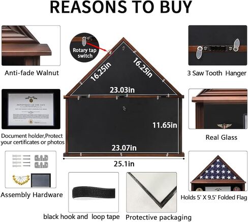 Zmiky علم الدفن الكبير وحقيبة عرض العملات المعدنية للتحدي العسكري، خزانة خشبية صلبة تناسب علم 5 × 9.5 مطوية، قابلة للإزالة، 2 أرفف أخاديد وحقيبة عرض علم قابلة للقفل مع حامل شهادة، جوز in Kuwait